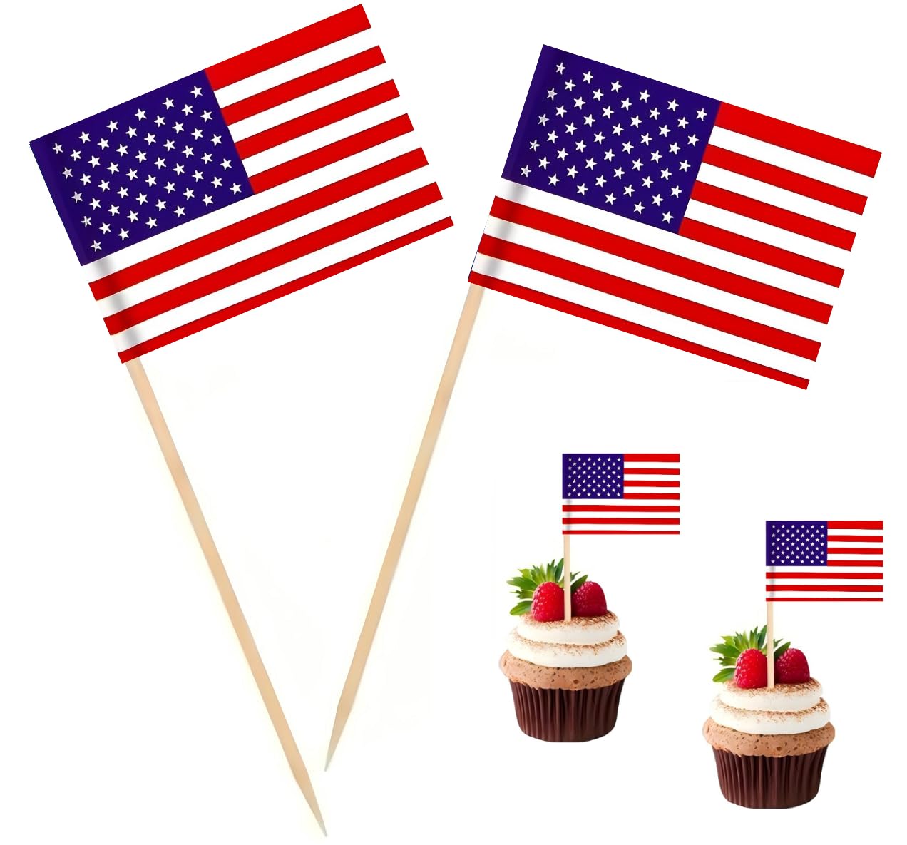 Photo 1 of 100 Pcs USA American Flag US Toothpick Flags, Cocktail Picks Mini Stick Cupcake Toppers Country Picks Party Decoration Celebration Cocktail Food Bar Cake Flags ?