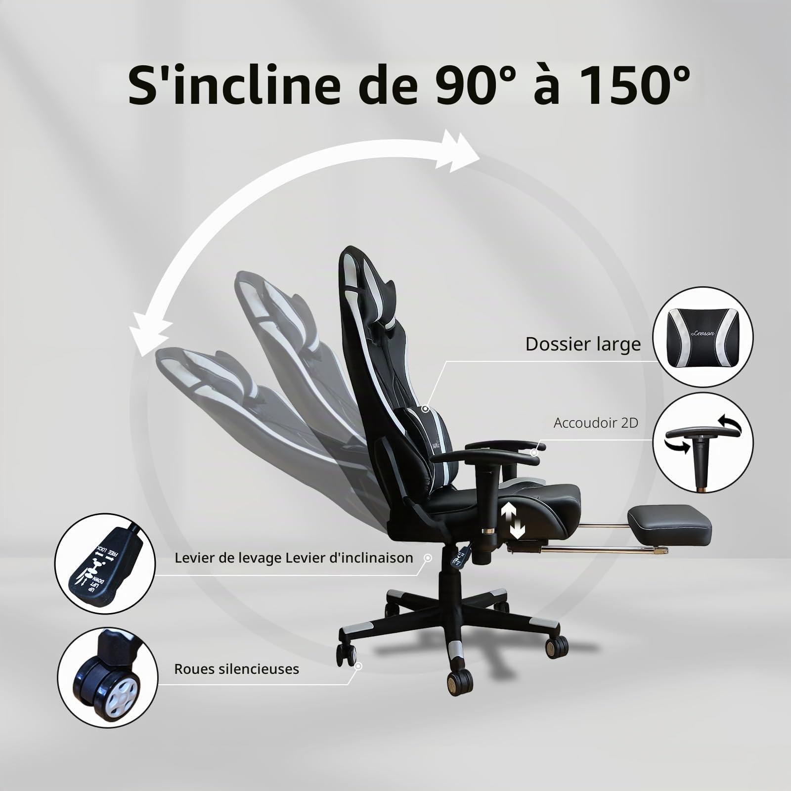 Chaise Gaming Ergonomique avec Repose-Pieds Pivotante 360°