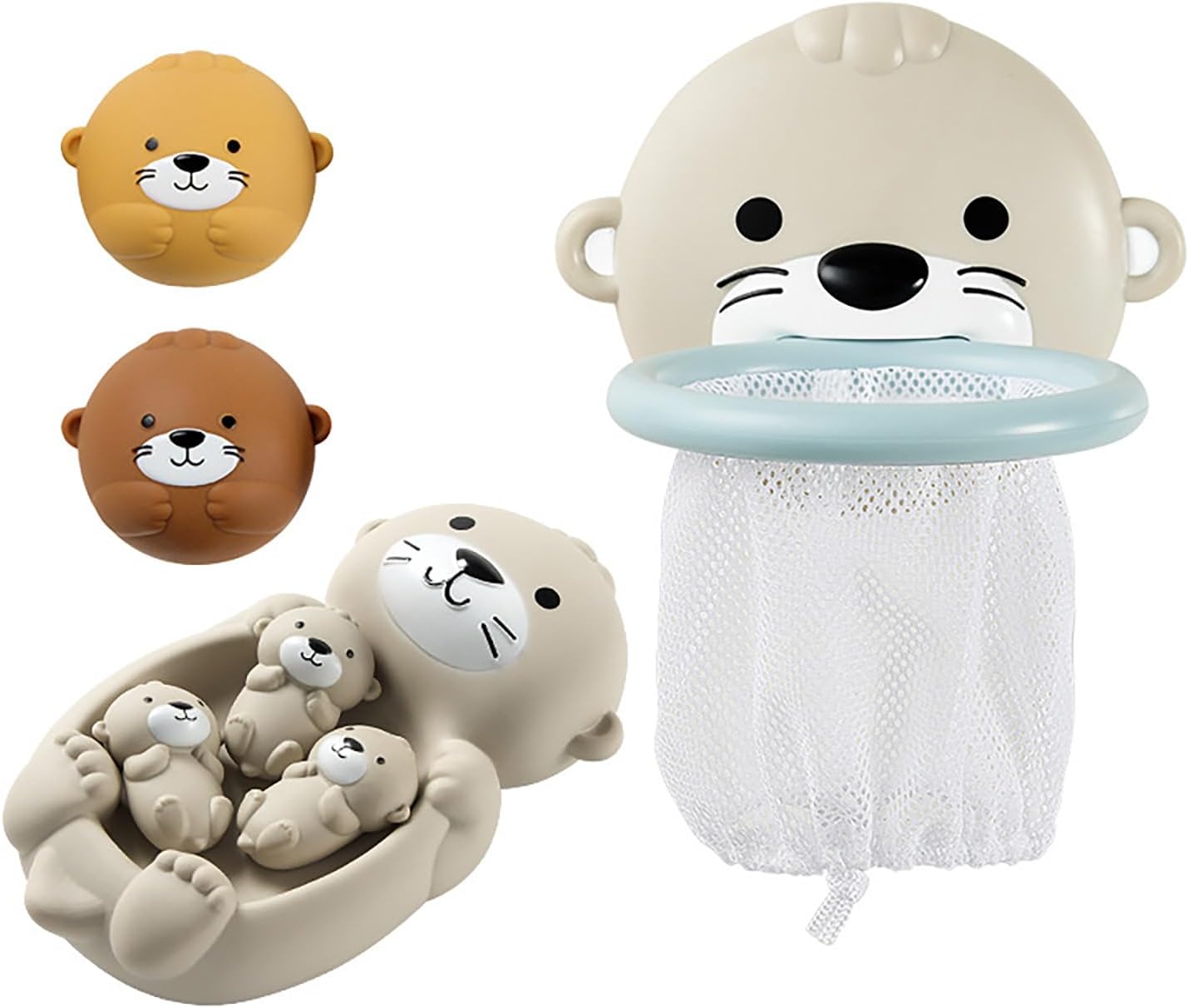 Otter Bath Toy, Otter Family Tub Toy Bathtub Floating Toy for Kids - Soft Vinyl and ABS Plastic Material - No Hole One-Piece Design (Otter Playset + Baketball Hoop + 2 Balls)
