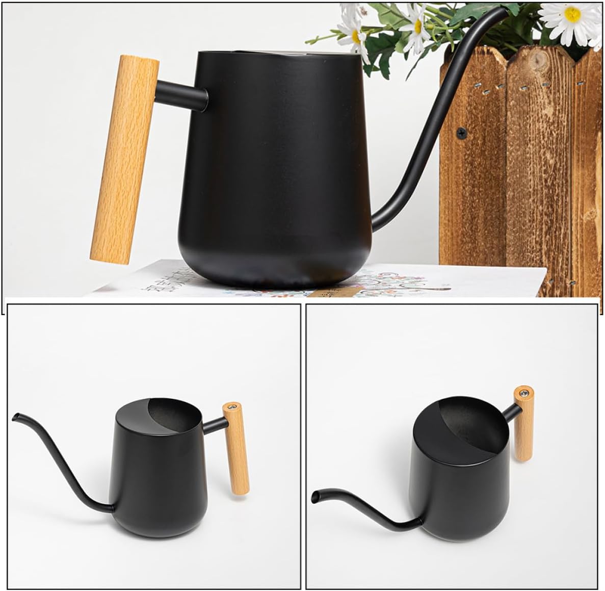 Toyvian Stainless Steel Handheld Watering Pot with Wooden Handle 1000ml Black Indoor Garden Watering Can for Flowers and Succulents