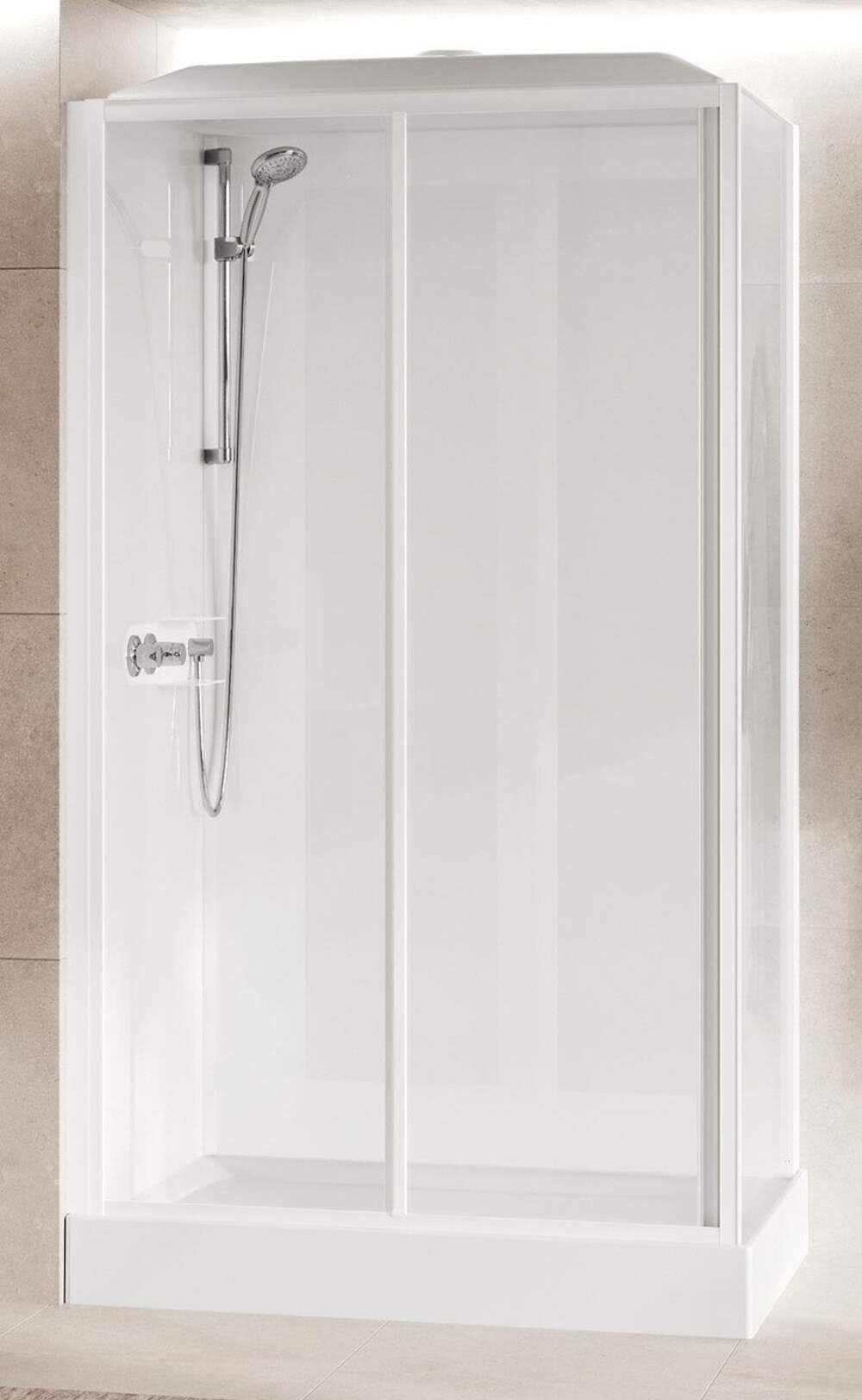 Novellini Media Glass 2P Standard Techo Alcachofa 120 x 80 cm Cabina ducha multifunción Apertura 1 puerta corredera reversible mezclador mecánico cristal transparente perfil blanco altura 226 cm