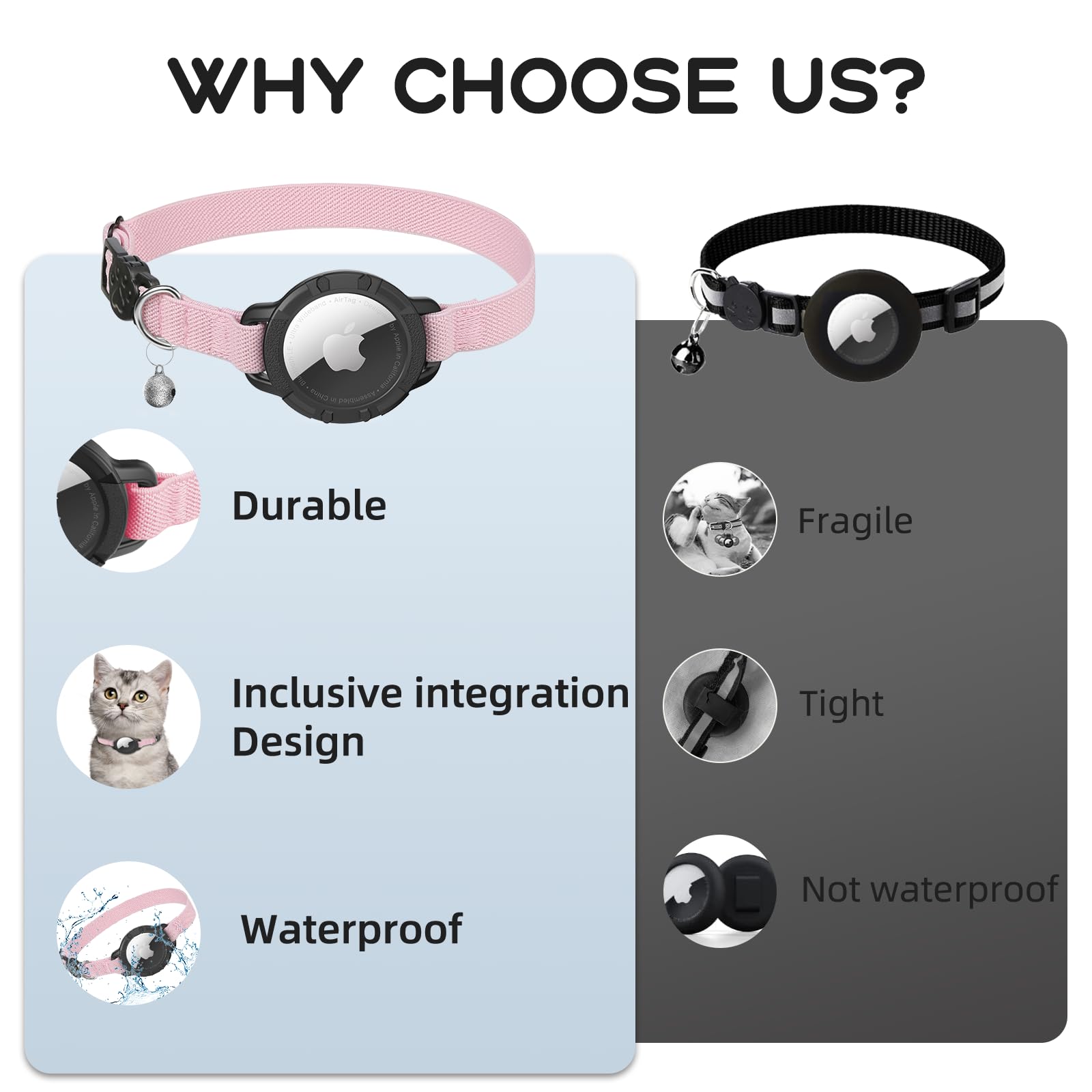 AirTag Katzenhalsbänder, dehnbares Halsband mit Apple Air Tag Halter und Glocke | Breakaway – Ultra Design Elastisch – GPS-Tracking-Halsbänder – verstellbare Größe für Katzen und Welpen 19,1–31,8 cm – (Rosa)