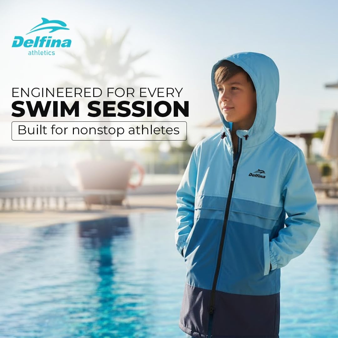 Delfina Kids Swim Parka Age 4–8 & 9–14 Years, Water Resistant Removable Sleeve Unisex Youth Swim Jacket, Hood & Double Zipper