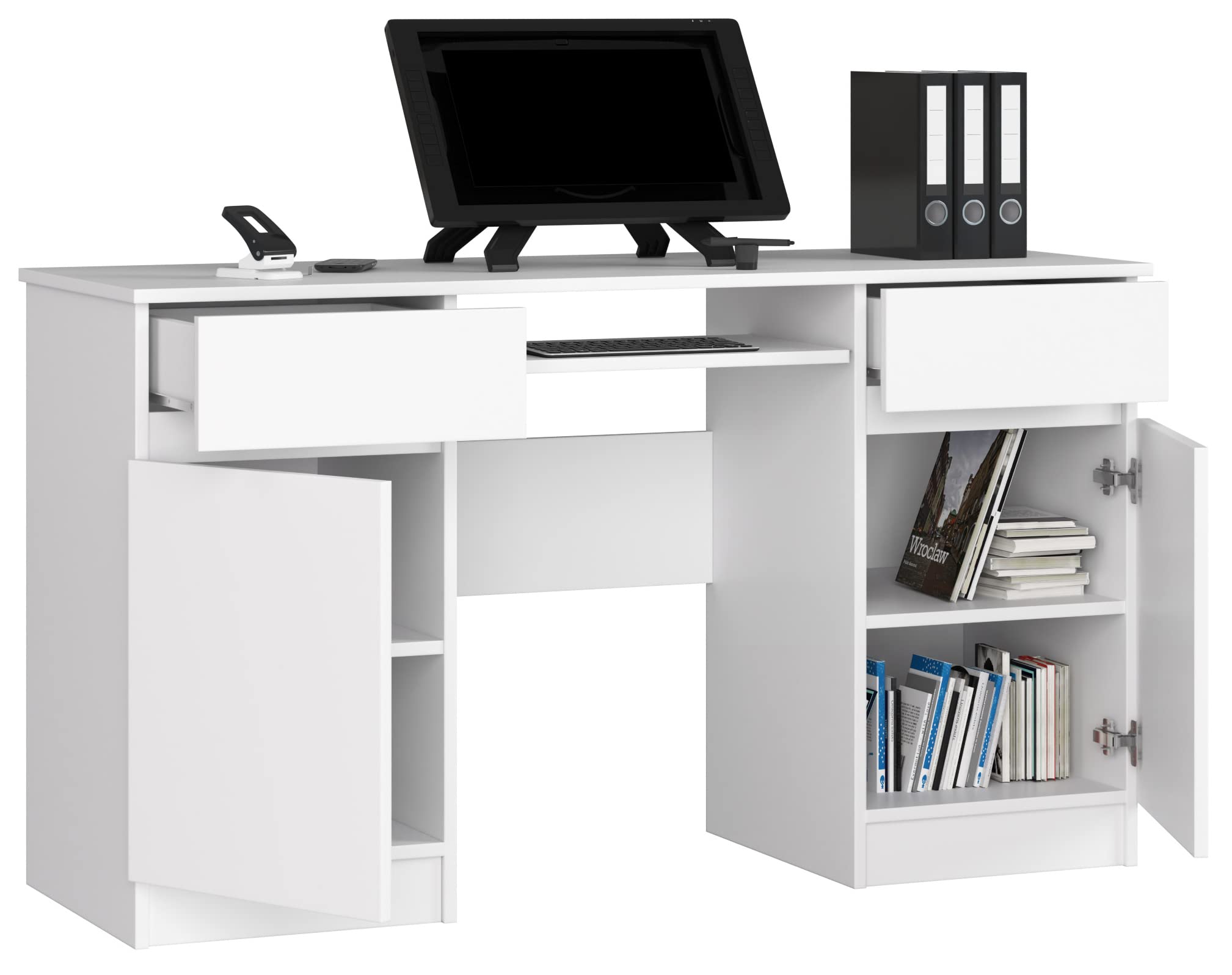 Scrivania A5 Con Ripiano per Tastiera | Office Desk | 2 Cassetti e 2 Ripiani ad Anta | Scrittoio per Ufficio | Per Computer PC Laptop | L135 x H77 x P50 cm, 58 kg | Bianco