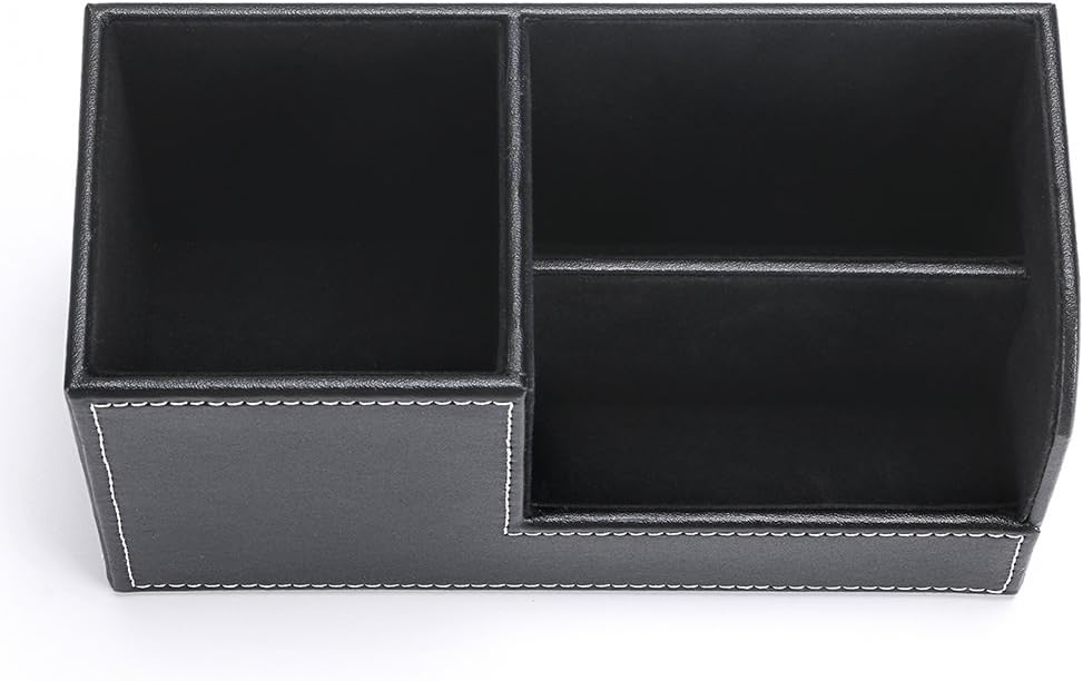 BTSKY PU Leather Desk Pen Pencil Holder- Multi-functional Desktop Organizer Storage Box Business Card Pen/Pencil Mobile Phone Remote Control Stationery Holder Home Office Table Top Organization Decor(black)