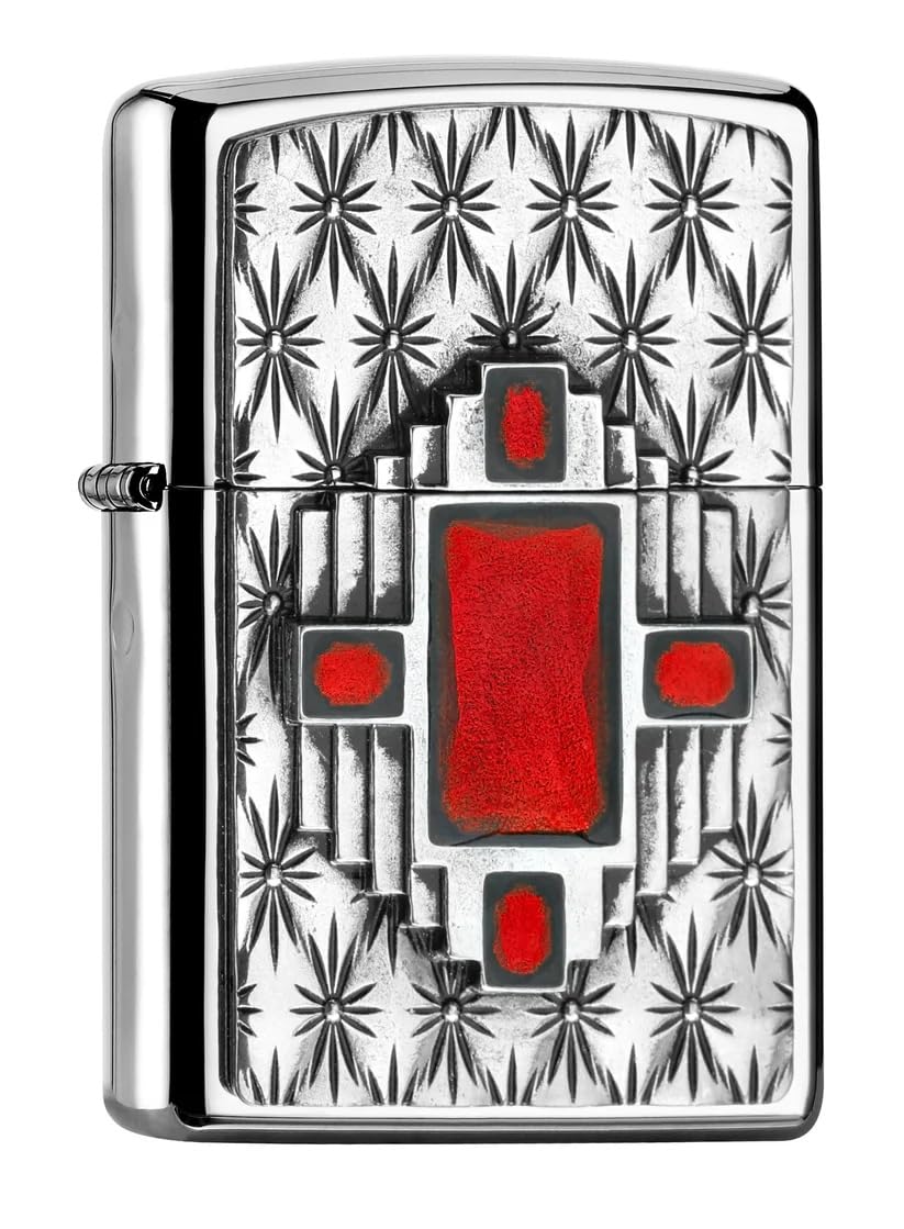 Zippo Sturmfeuerzeug - Red Diamond, High Polish Chrome, Emblem - Nachfüllbar - Wiederverwendbar - Windfestes Design - Geschenkbox - Made in USA