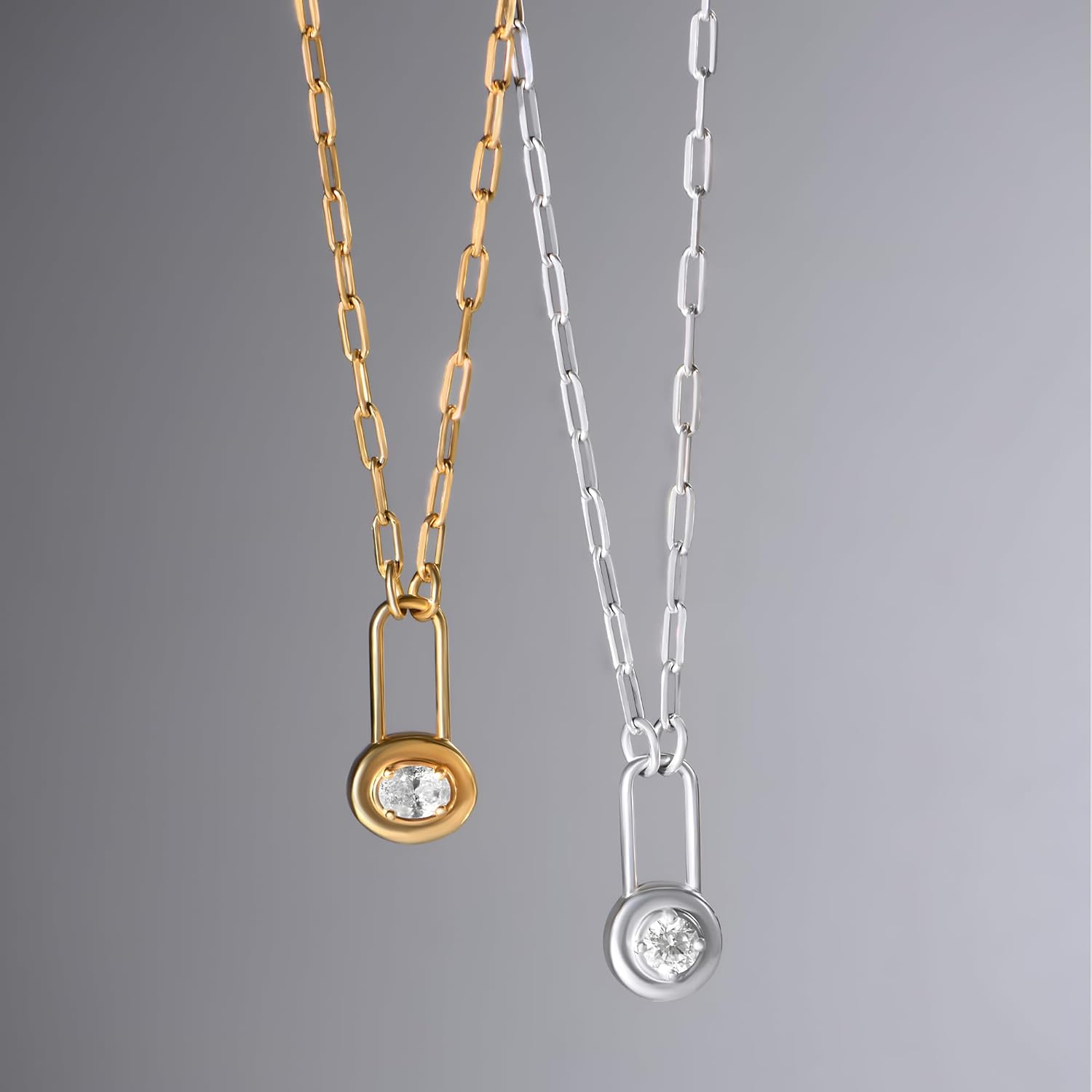 OAK & LUNA - Lock & Luna Oval/Round/Emerald Cut 0.3ct Moissanite Charm Necklace – 18K Gold Vermeil or Sterling Silver Pendant with 16″/18″/20″ Chain