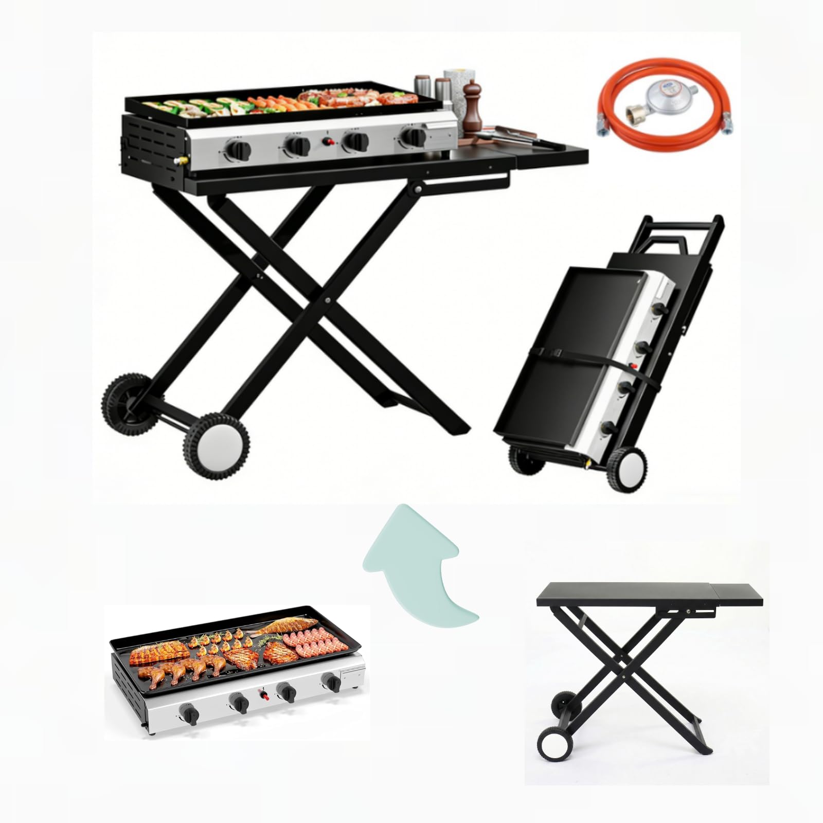 LEADZM Gasgrill Tragbarer 4 Brenner 9.6 kW Grill klappbar, Ausgestattet mit einem Druckminderungsventil - leicht zu verstauen