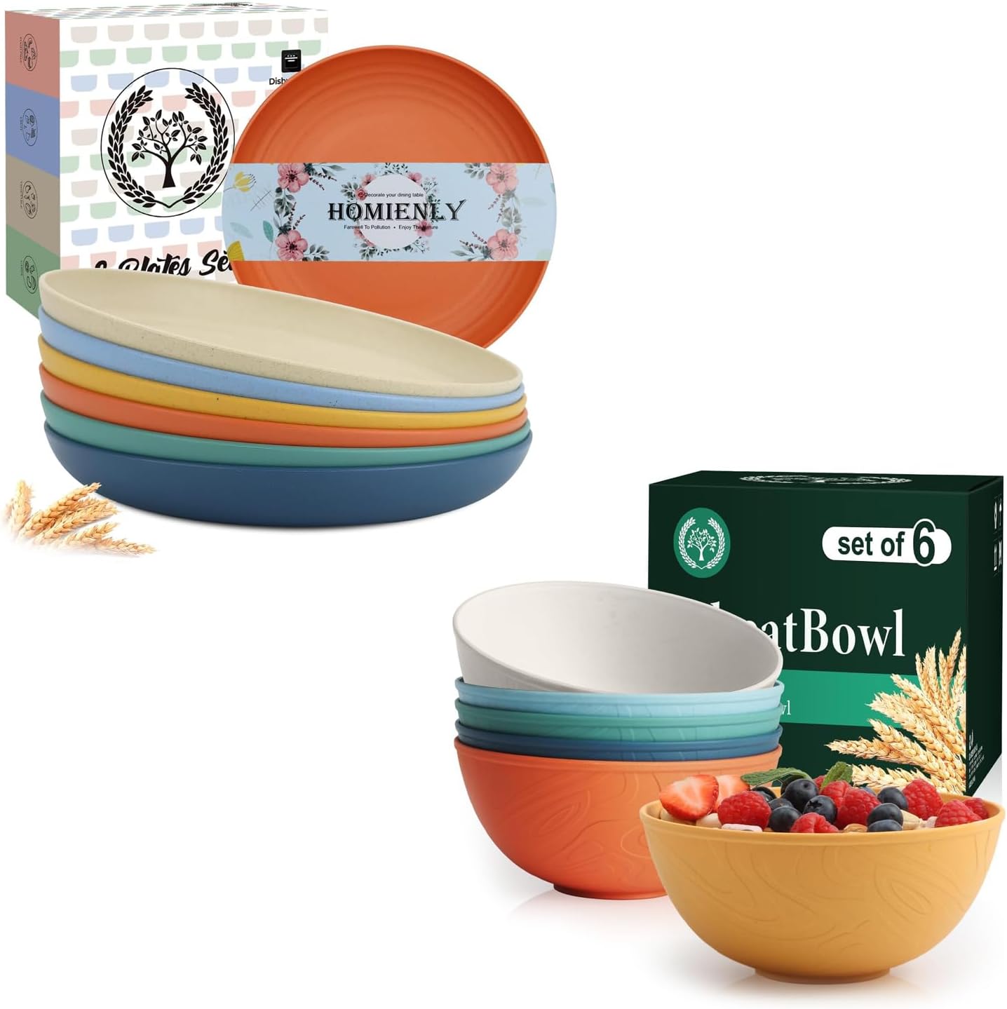 Homienly 12 PCS Premium Wheat Straw Dinnerware Sets, Reusable Plates and Bowls Sets for Kitchen, Lightweight and Unbreakable Dishwasher and Microwave Safe Dishes Set - Colorful