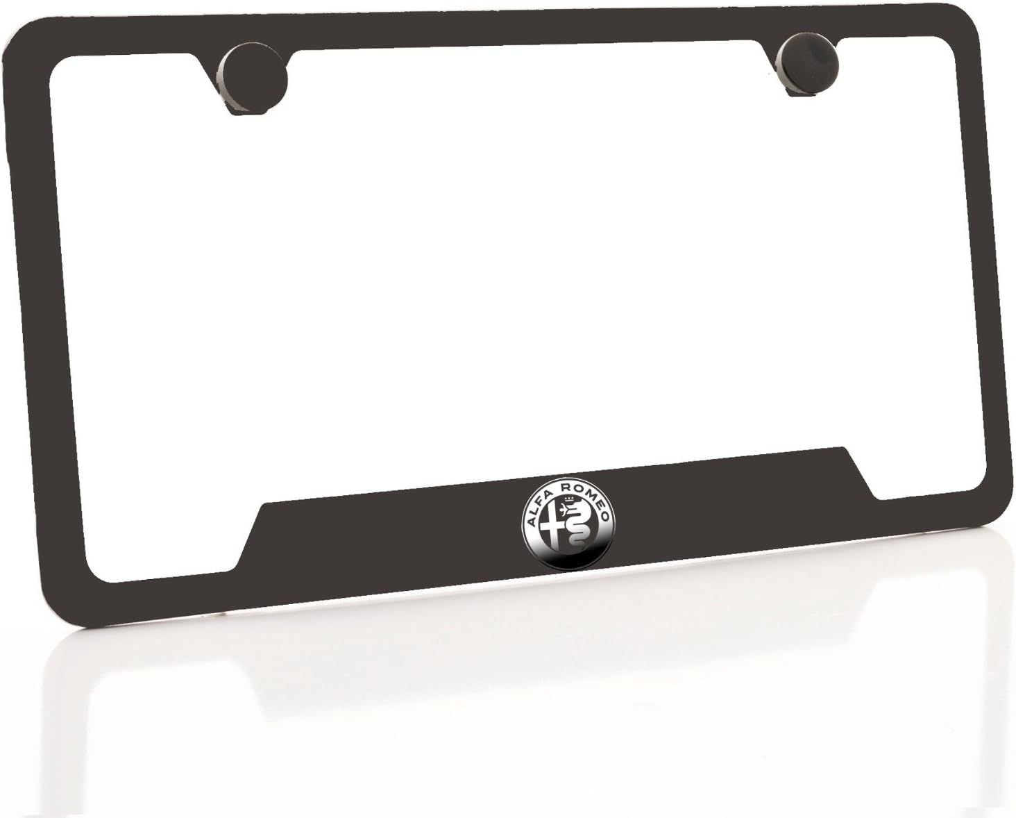 KA Depot One Fit Alfa Romeo Logo on Matte Black Powder Coated Bottom Cut Out Stainless Steel License Plate Frame Holder Front Or Rear Bracket Laser Etch Engraved Aluminum Screw Cap