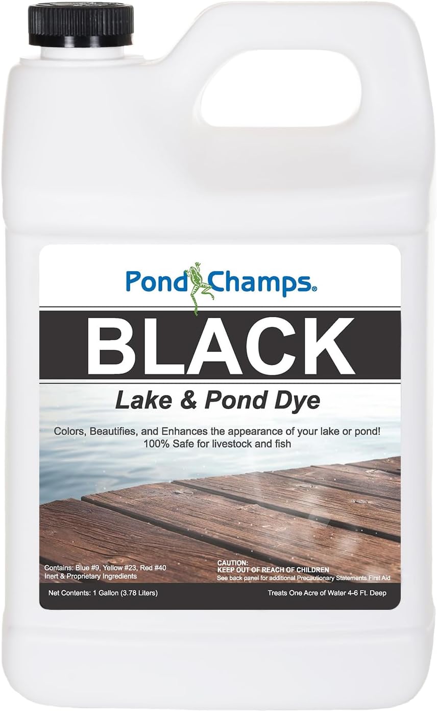 Pond Champs Black Lake & Pond Dye – One Gallon of Deep Black Pond Colorant – Treats 1 Acre - Safe for Fish, Wildlife, Pets & Children