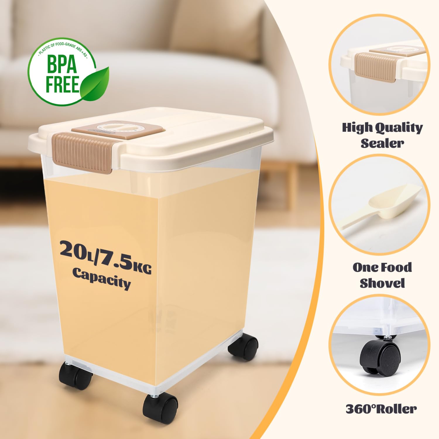 Nobleza Contenedor de Pienso para Mascotas 20L, con Ruedas, Tapa Abatible, Cuchara y Marcador de Fecha, Caja Hermética Transparente para Perros y Gatos