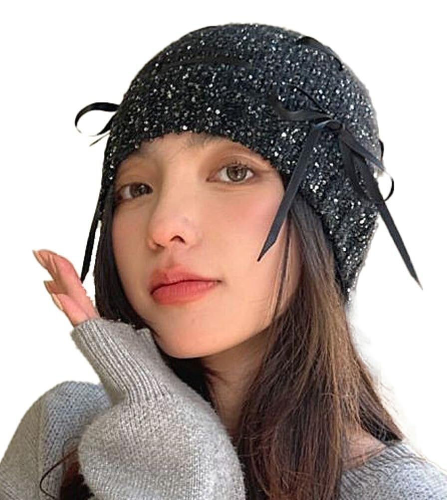 Bonnet à paillettes Y2K noir avec nœud papillon, chapeau d'hiver tricoté chaud pour femme