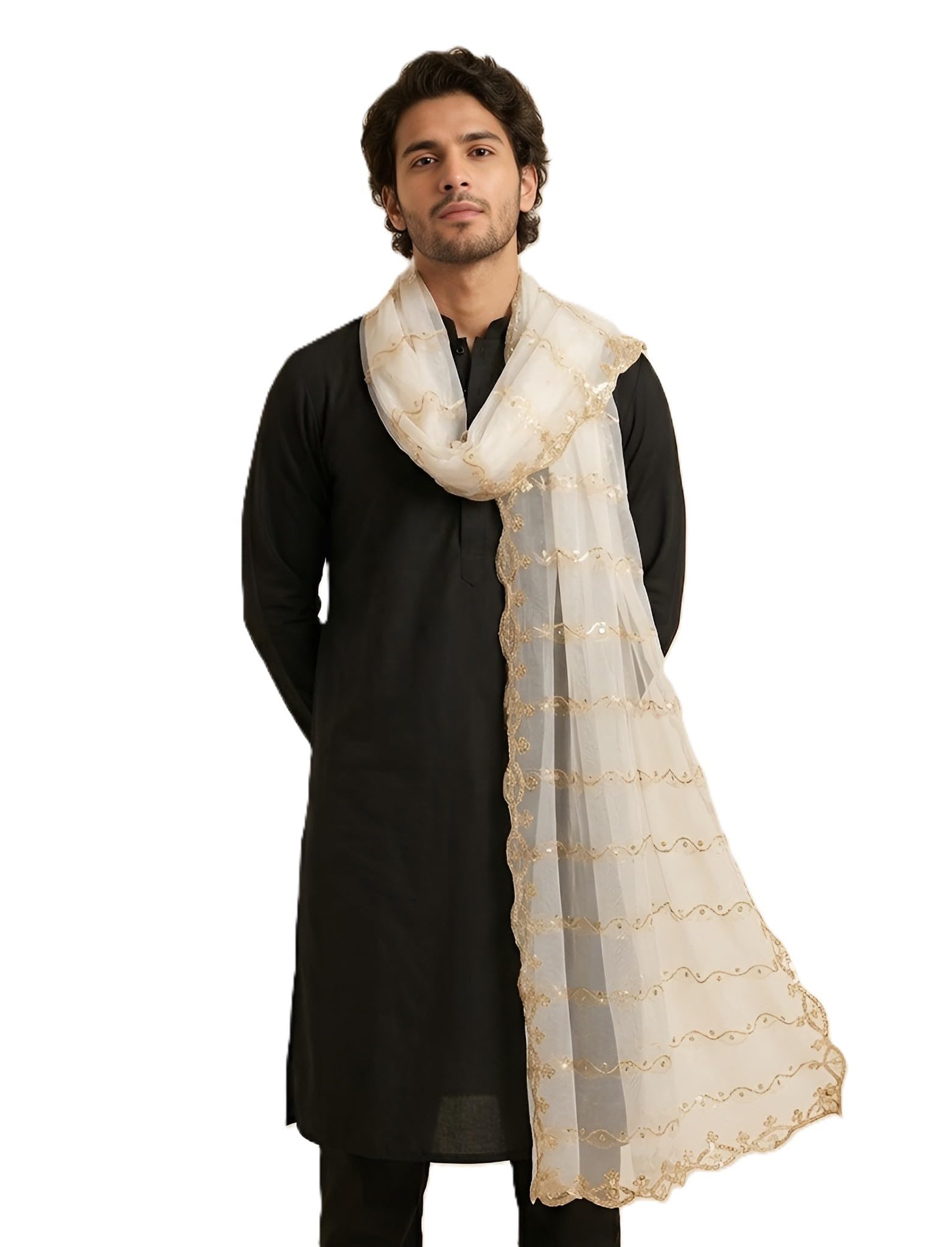 muffly Elegant Twill Pattern Net Dupatta with Zari & Sequin Embellished Scalloped Border Ethnic Dupatta for Men's-picture-48