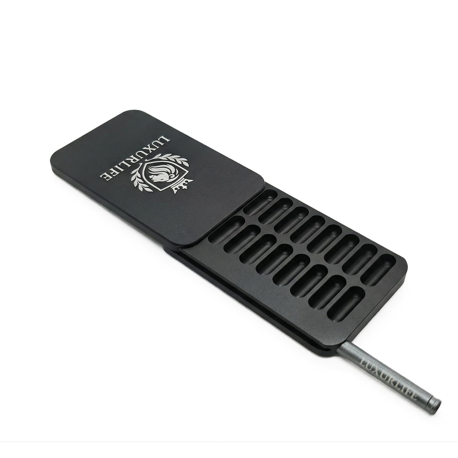 Aufbewahrungsbox aus Aluminiumlegierung, 8 Fächer, 2-reihiges Design, Löwen-Wappen mit Lasergravur, Tragbares Geschenkset (Obsidian Black)