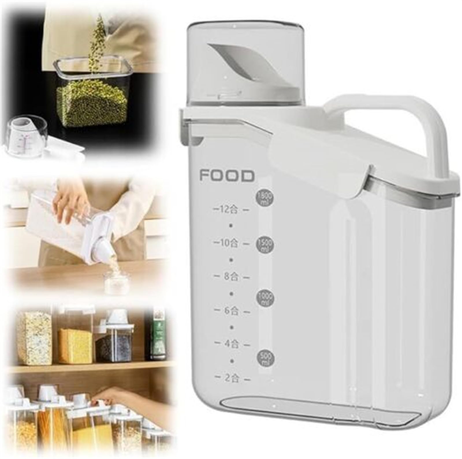 Clear Airtight Food Storage Containers, Cereal Containers Storage with Pouring Spout & Lid Dispenser for Pantry Organizers,Food Jars & Canisters,Triple Seal,Moisture Proof,Watertight (White, 2000ML)