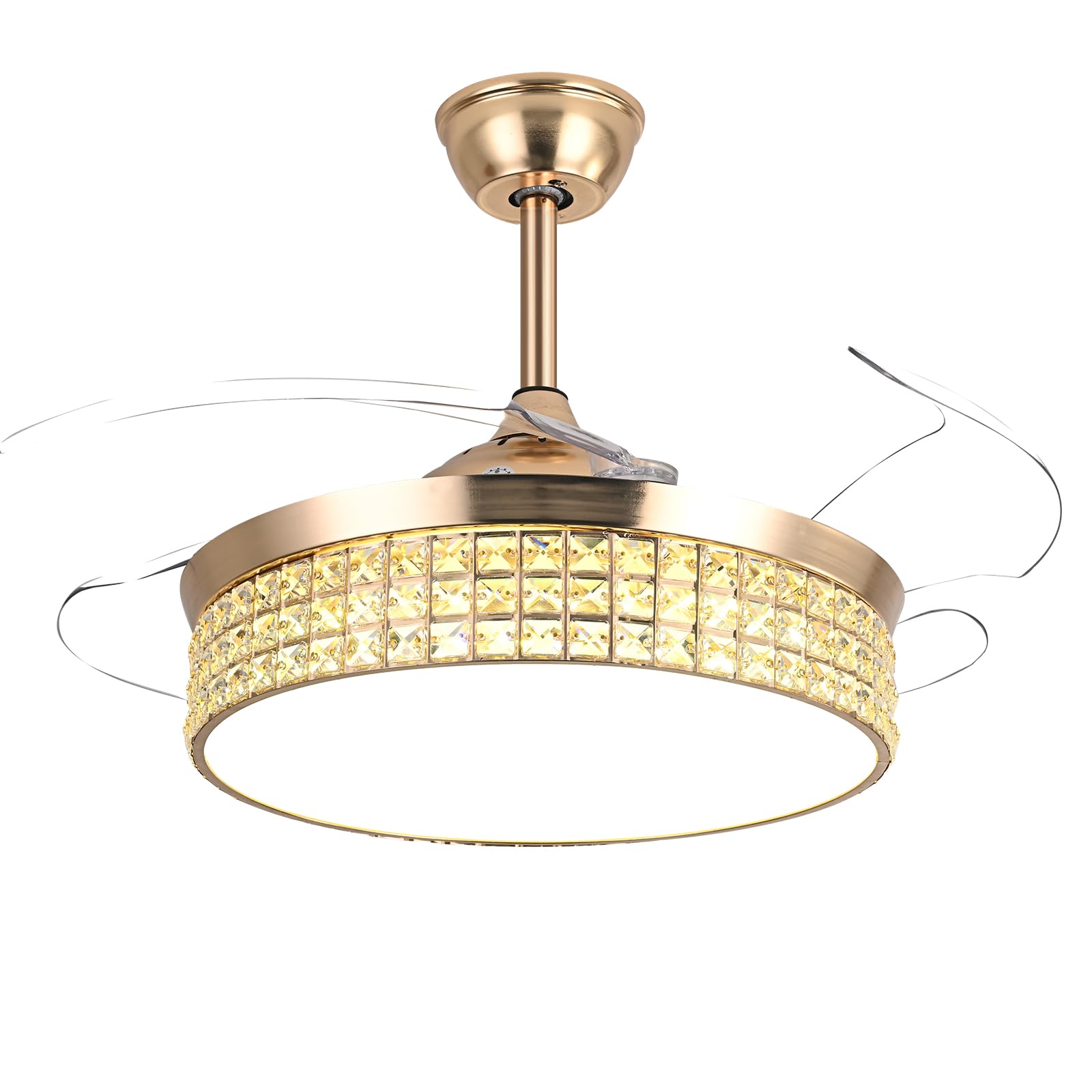 NOVFLAM Retractable Gold Ceiling Fan with Lights, 48 inch Modern Low Profile Bladeless Ceiling Fan Light with Remote Smart LED Ceiling Fan for Bedroom Living Room Dining Room