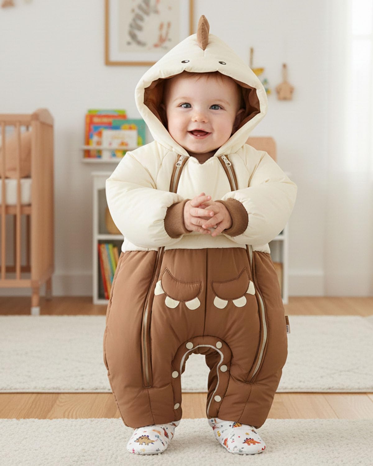 Acolchado Mono Bebe Invierno, Cute Dino Buzo Bebe Invierno Ropa Bebe Niño Biña, Double Zipper Mameluco Bebe Invierno, 3-24 Meses