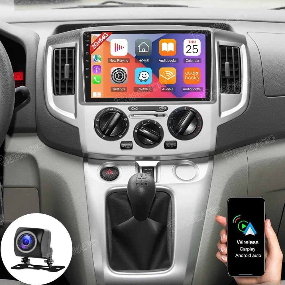 2+64GB Car Stereo Radio for Nissan NV200 2013-2019 with Wireless Carplay Android Auto, 9Inch Touch Screen Radio Head Unit Multimedia Player with Mirror Link GPS Bluetooth WiFi FM/RDS SWC+AHD Camera