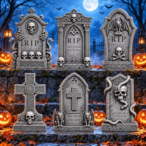 Graveyard Halloween Tombstones Decorations Outdoor: 6 Pcs Large Tombstone Halloween Yard Signs with Stakes, Realistic Scary Skeleton RIP Gravestones Lawn Cemetery Halloween Decor Front Lawn Garden Haunted House Props - image 1