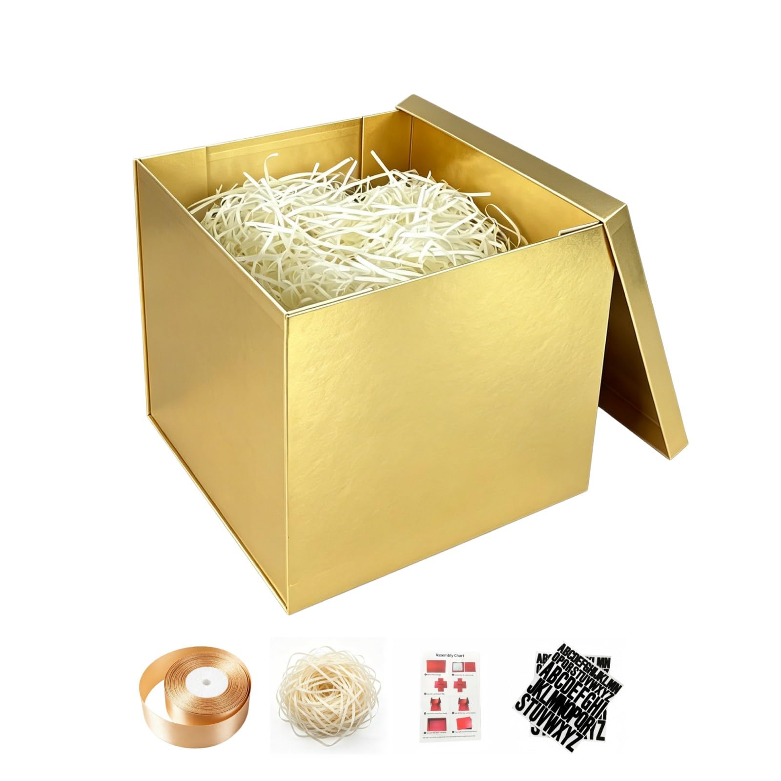 PACKGILO Goldene Geschenkbox, 25,4 x 25,4 x 20,3 cm, 2 Stück Geschenkboxen mit Deckel für Geschenke, Geburtstagsbox, Luxus-Boxen mit Knisterpapier, Band, Alphabet-Aufklebern