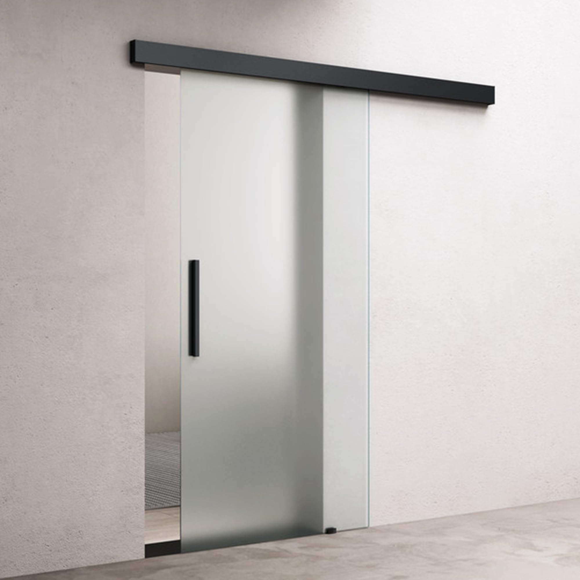 doporro Porta Scorrevole in Vetro 102.5x215cm, Porta Scorrevole in Vetro Satinato 8mm con Binario e Maniglia Per Asta per Bagno Cucina Studio Ufficio, Nero, Amalfi-plus 14H
