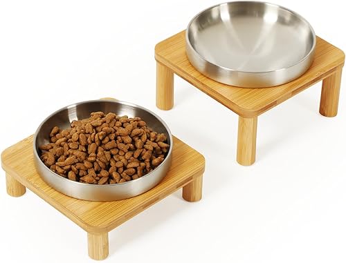 Miniatura 9 de Cuencos elevados para gatos de interior  Soporte elevado de bambú para gatos con platos de acero inoxidable de 5.5 pulgadas de ancho, plato de mesa