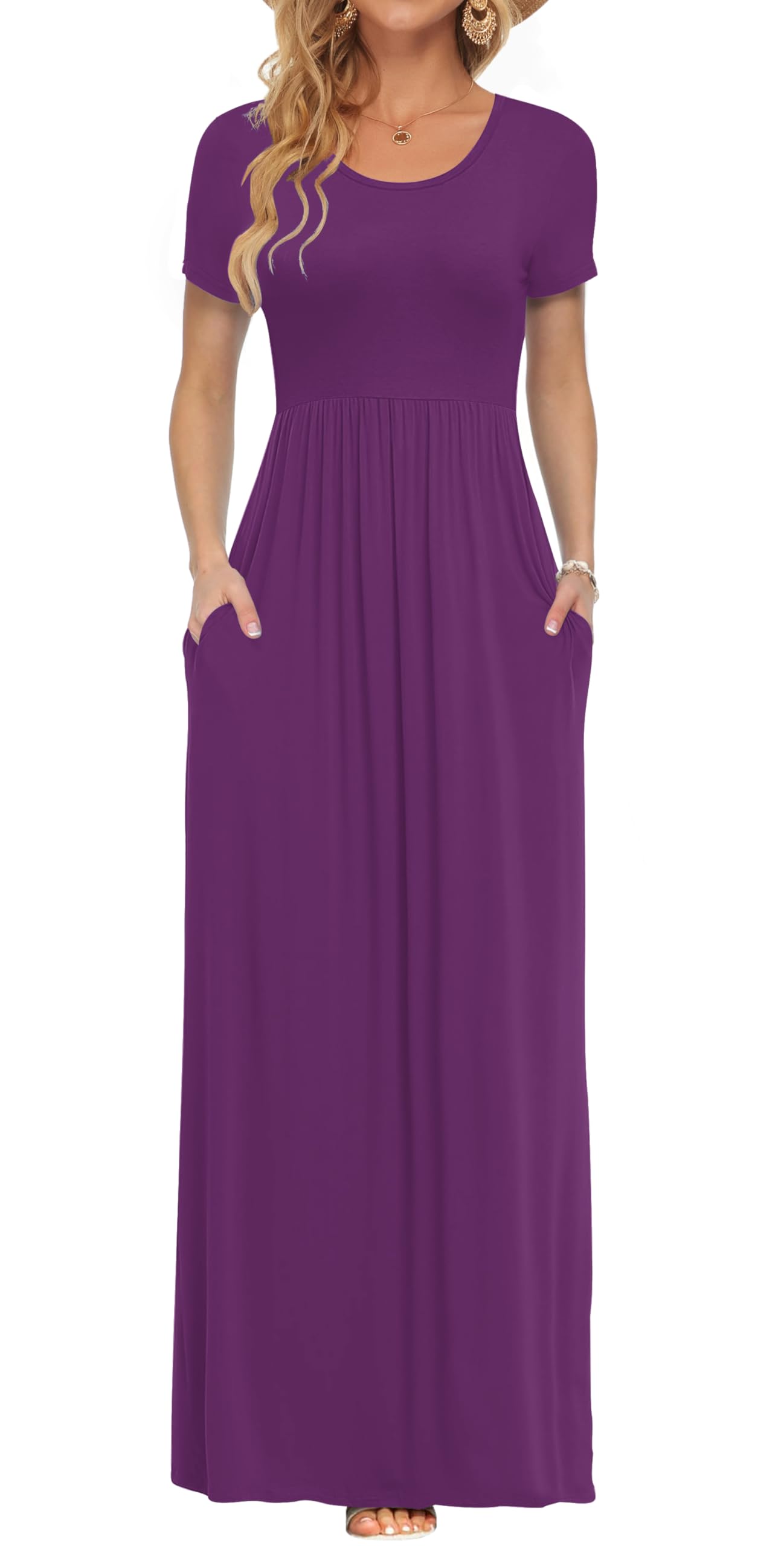 AUSELILY Damen Kurzarm Sommer Casual Long Maxi Kleider mit Taschen