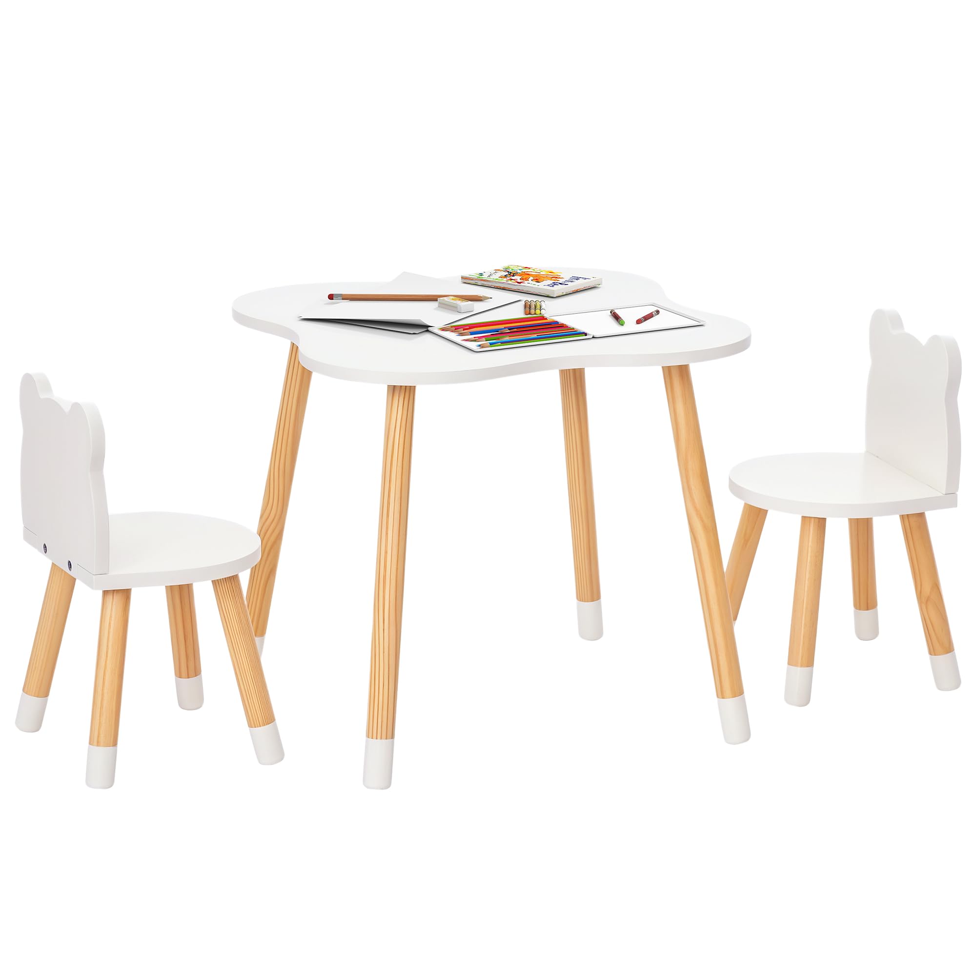 HOMCOM Ensemble Table et chaises Enfant Design scandinave Motif Ourson Bois pin MDF Blanc