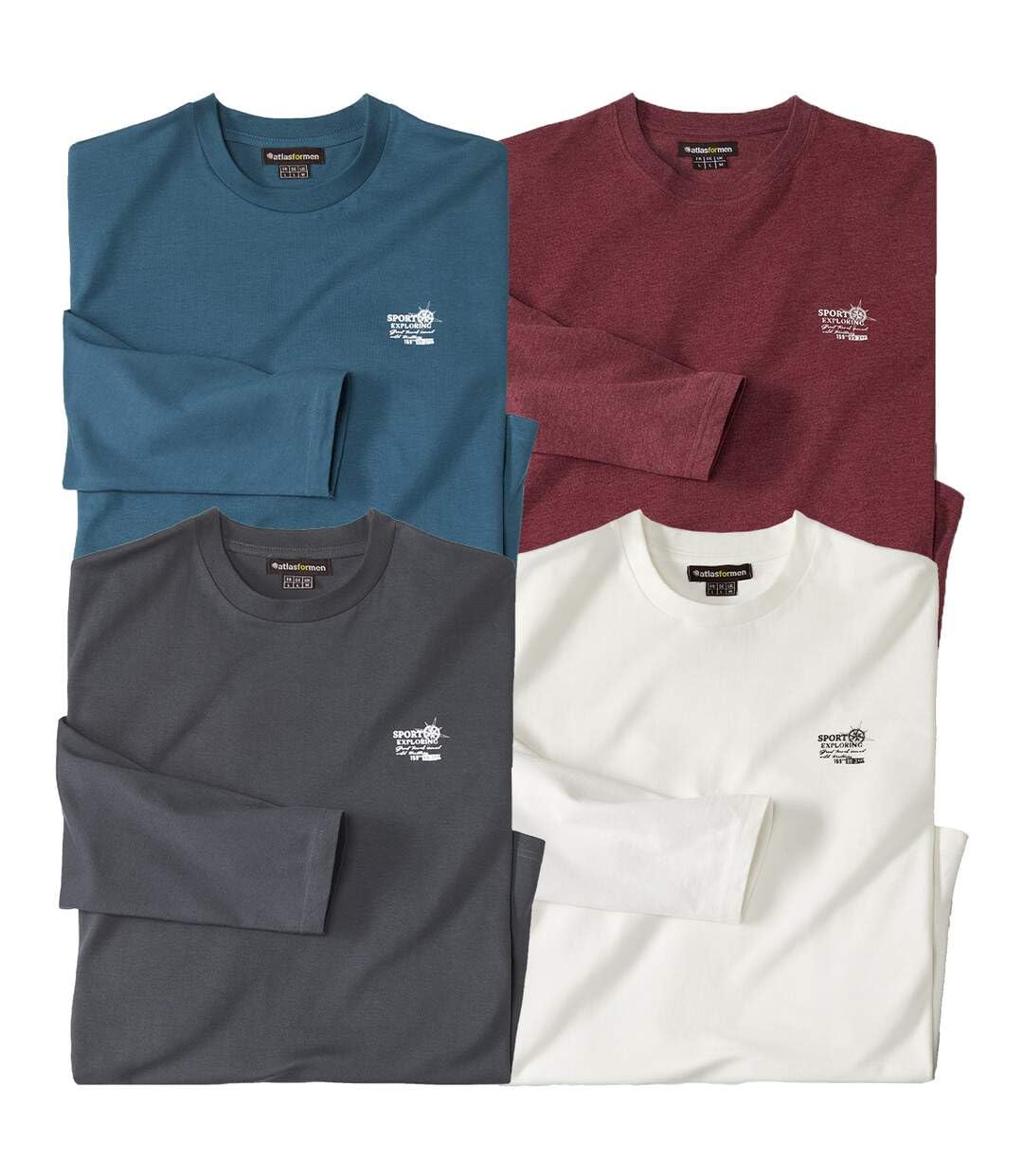 ATLAS FOR MEN - Lote de 4 Camisetas para Hombre - Manga larga - Cuello redondo - Disponible en tallas grandes