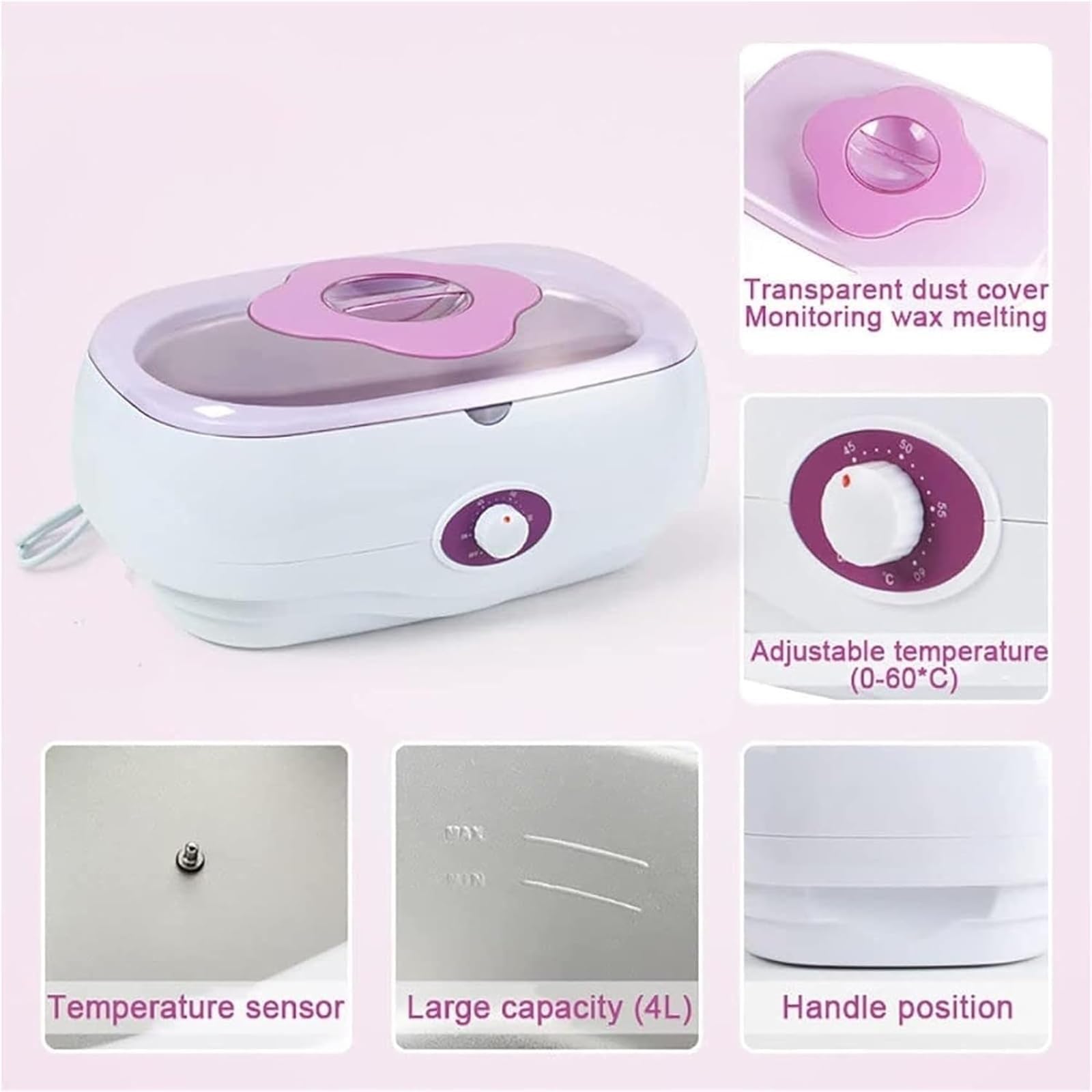 Riscaldatore for bagno di cera di paraffina da 4 litri, paraffina | Macchina for terapia con cera calda for mano, piede, gomito, vaso di cera idratante for la casa e il salone(Pink)