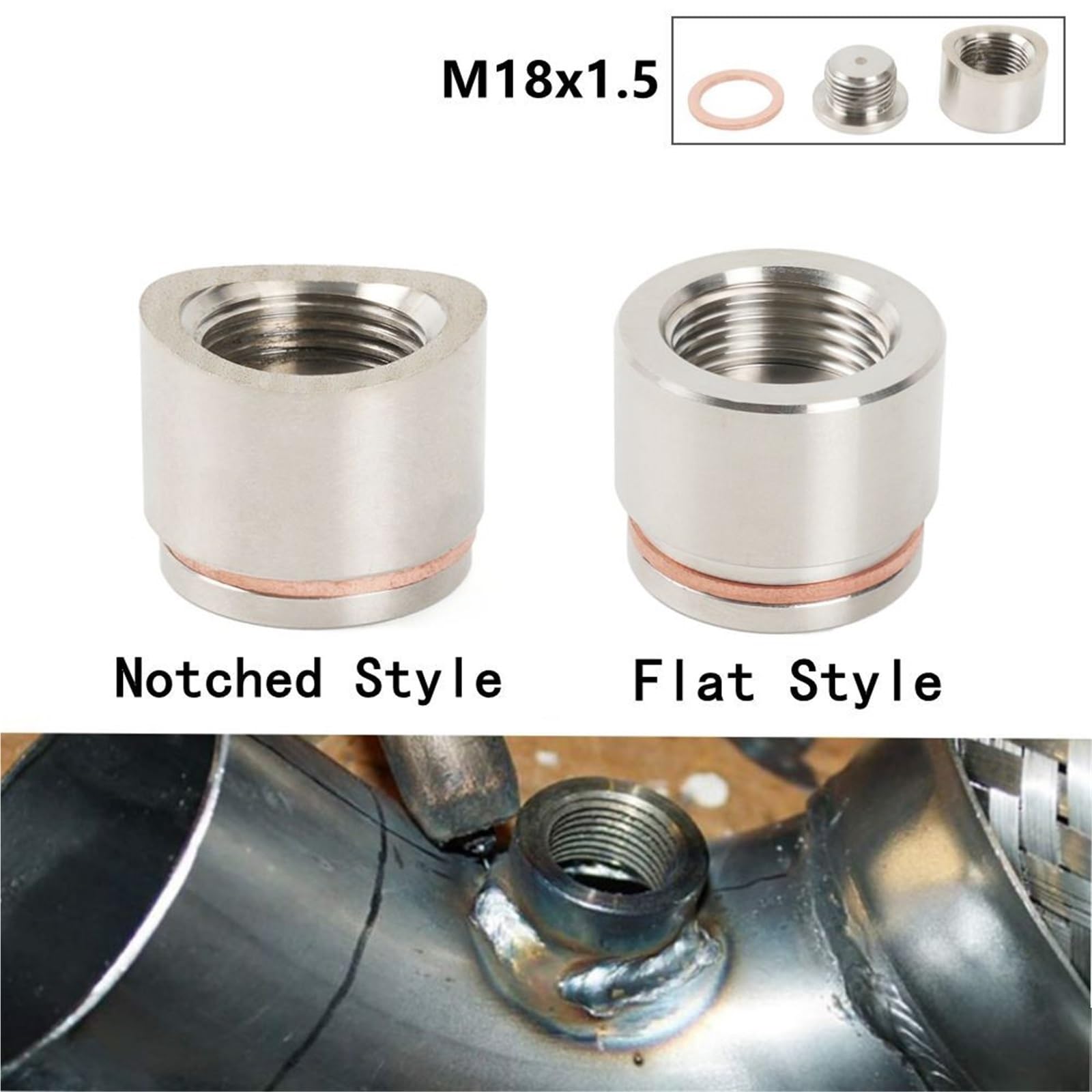 M18 x 1,5 O2-Sauerstoffsensor-Spundstopfen-Montagestopfen- und Stopfen-Adapter aus Edelstahl mit flacher oder Lambdasonde Adapter(Flat Style)