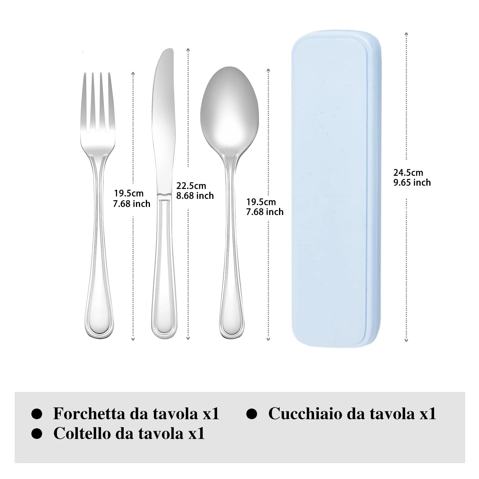 Set di posate da viaggio portatile, con cucchiaio, forchetta e coltello da tavola in acciaio inox. Valigetta portaposate da portare al lavoro,in viaggio e in campeggio. Posate portatili riutilizzabile