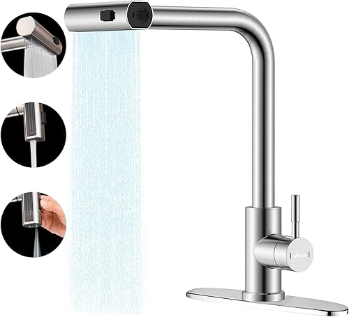 Miniatura 1 de APPASO Grifo de cocina en cascada con rociador extraíble, grifo de cocina de níquel cepillado con rociador de 3 modos, grifo de fregadero de cocina