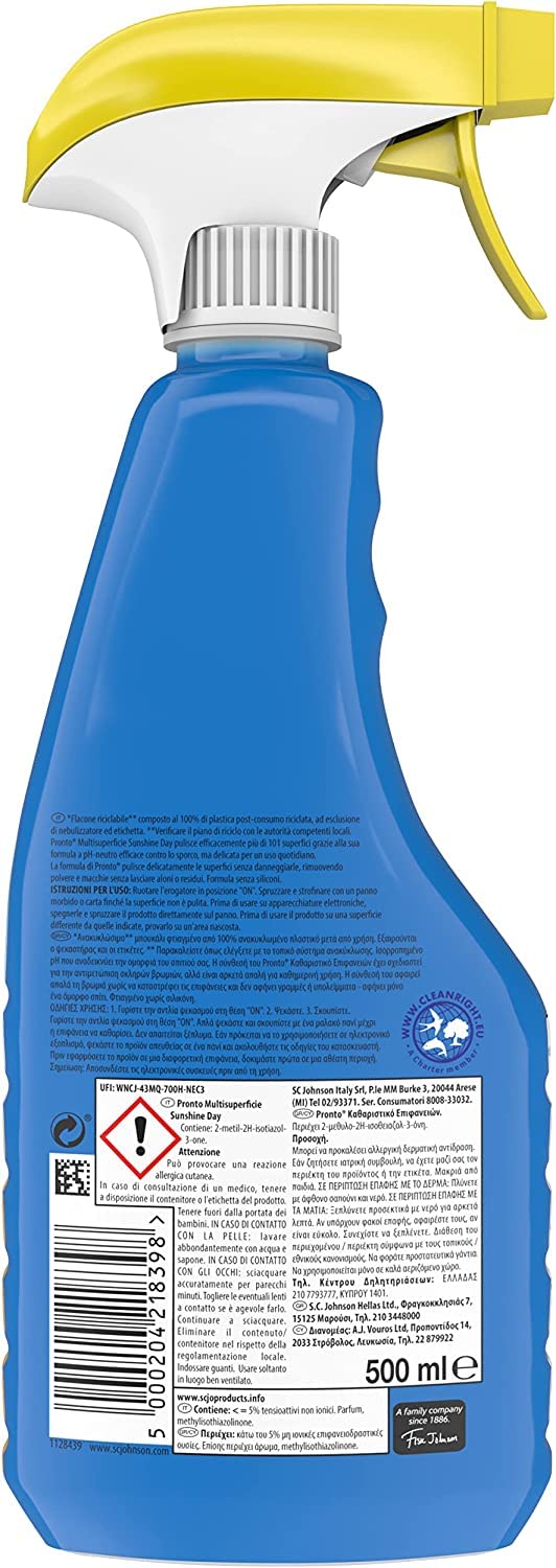 Pronto Detergente Multisuperficie Agrumi - Limpiador multisuperficie con equilibrio de pH, aroma cítrico, botella reciclable, paquete de 500 ml