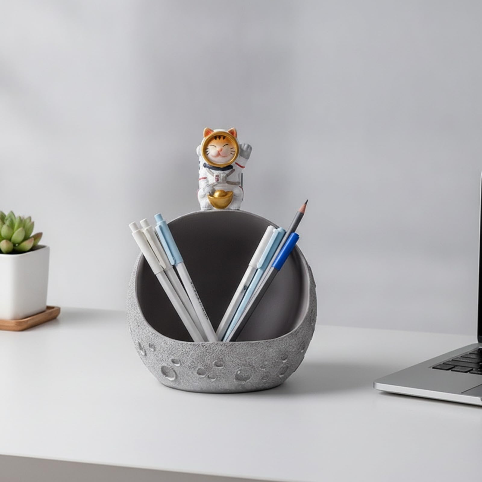 Portalápices Mesa con Minino |, con textura, Organizador Resina Forma Cráter, para Oficina, Niños, Plata+Naranja