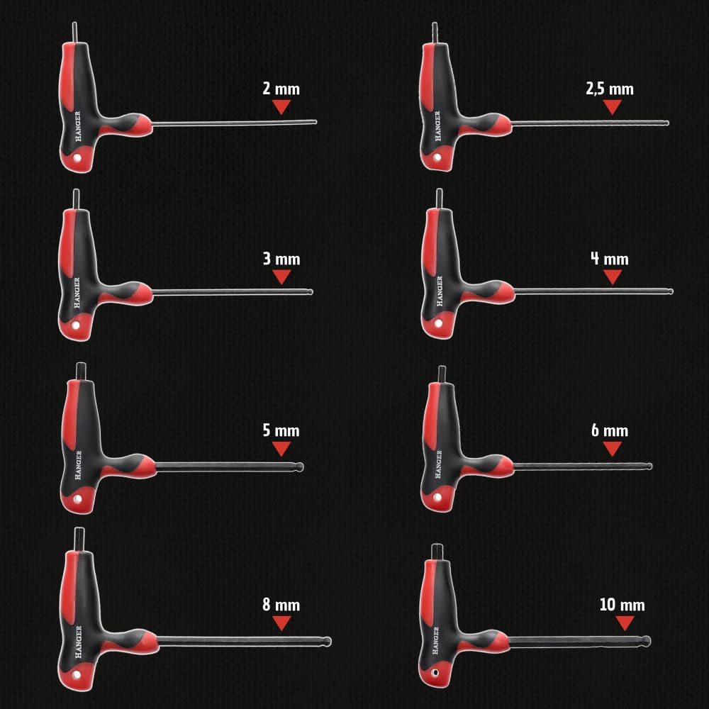 Juego de 8 llaves Allen esféricas incorporadas en 'T' – Percha – 250191 – Llaves macho 6 Pans esféricas – Asas ergonómicas