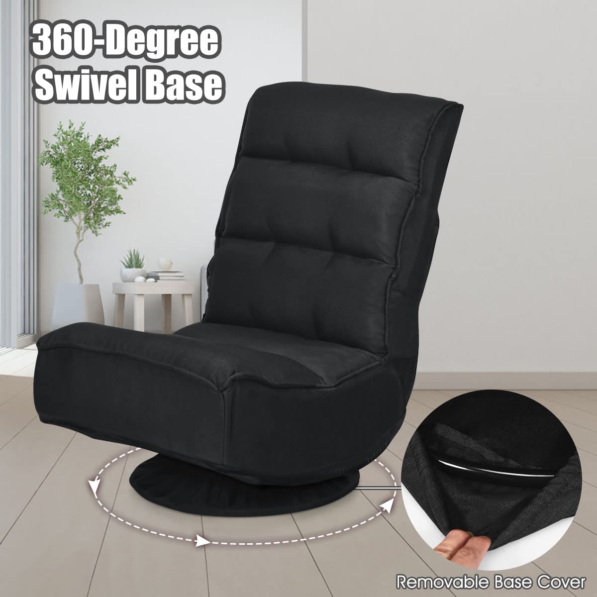 LIFEZEAL Silla de Suelo giratoria 360°, Silla de sofá Ajustable de 5 Posiciones, Plegable con Respaldo Ajustable, sin Reposabrazos, soporta hasta 151 kg (Negro)