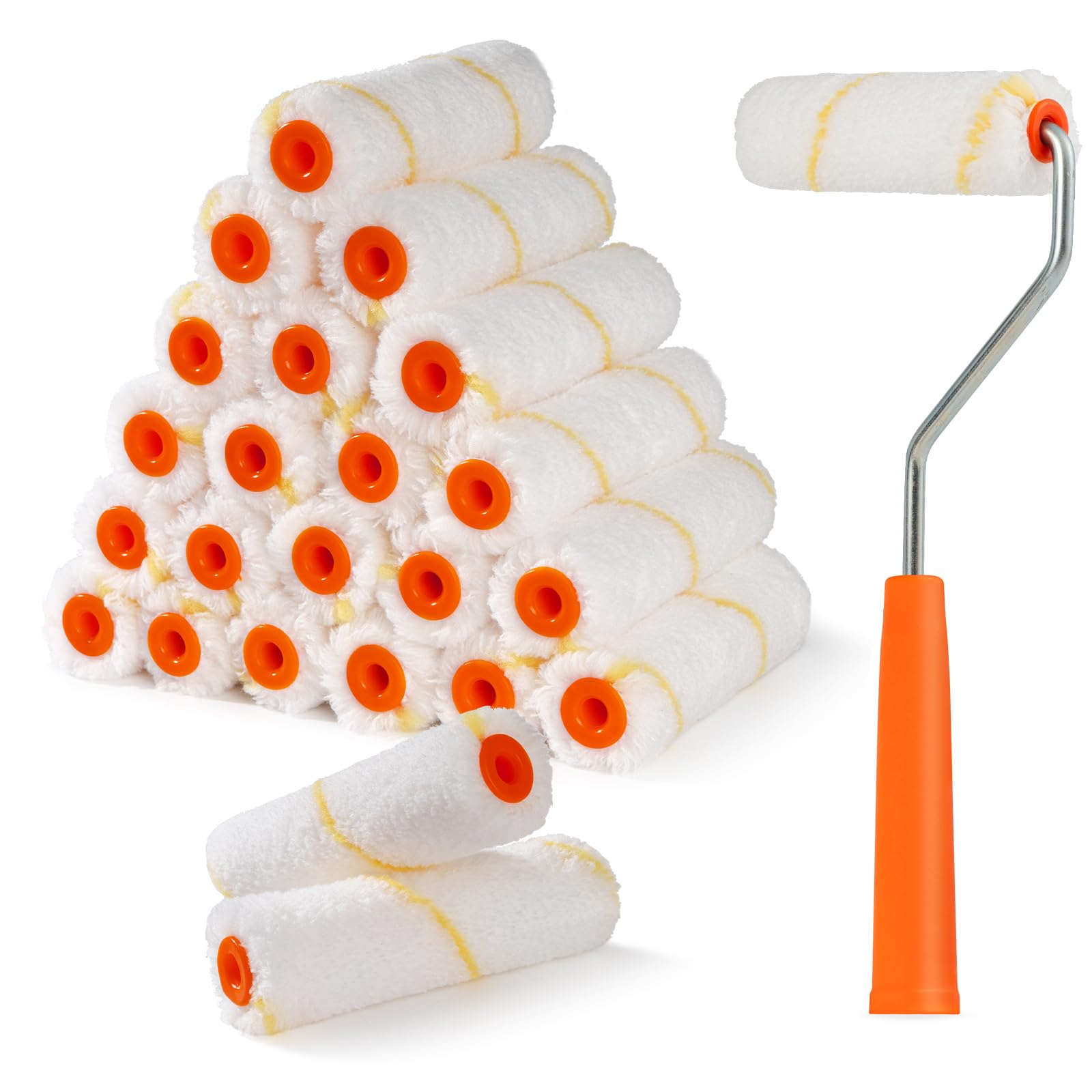 Microfiber Paint Roller 4 Inch, Mini Paint Roller Covers (3/8 Inch Nap, 24 Pack), Small Paint Rollers for House Painting with Paint Roller Frame, Wall Painting Tool