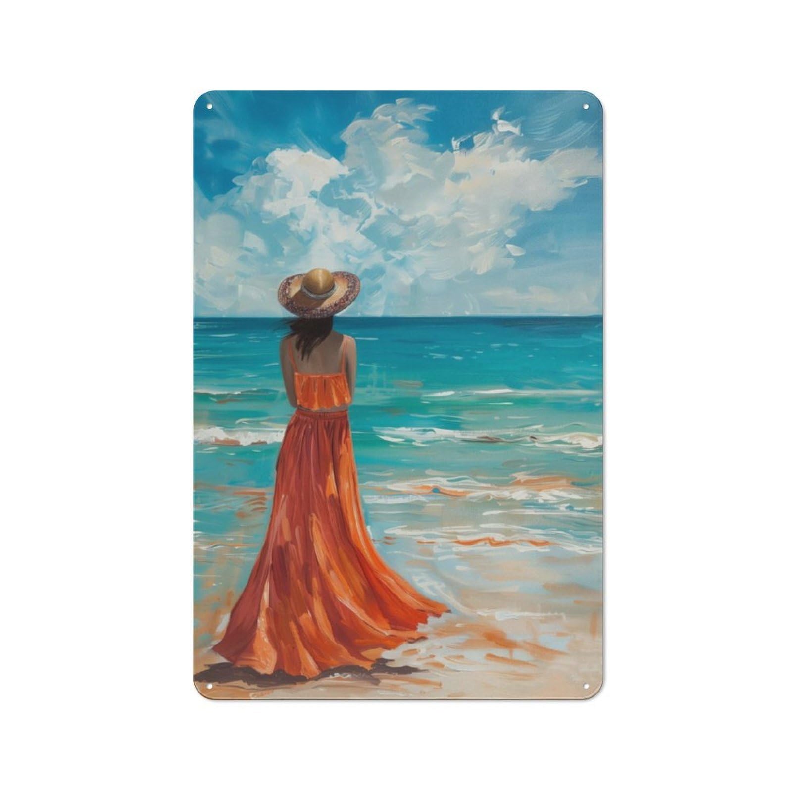 Junmoney A Lonely Woman In A Beach For Lounge Or Reading Corner, Rustic Tin Sign 30X20cm, For An Autumn Update To Lounge And Reading Corner