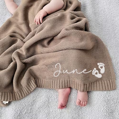 Image of Luxury Personalized Name Embroidered Soft Breathable Cotton Knit Blanket, Newborn Gift for New Mom, Perfect for Baby Girl & Boy