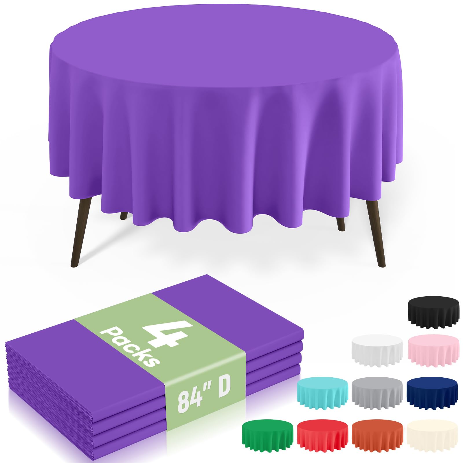 misaya 4 Packs Disposable Plastic Table Cloth, 84" Round Waterproof Tablecloth, Leakproof &amp; Sturdy Decorative Table Covers for Picnic, Party, Outdoor and Back to School, Purple