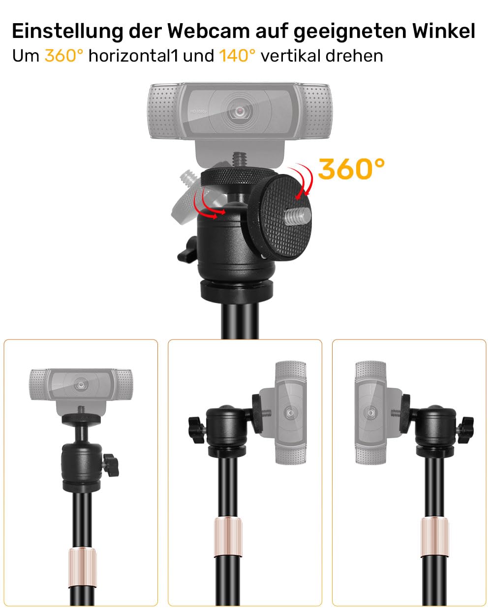 Supporto per Webcam - Sfera Regolabile in Altezza e Ruotabile 360° - Compatibile con Logitech C922, C930e, C920S, C920, C615, C960, NexiGo N60, Webcam Tripod Stand