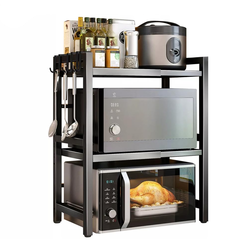 3-Tier Expandable Microwave Oven Rack Countertop for Kitchen, Microwave Shelf Stand Metal with 6 Hooks, Baker Rack, Adjustable Kitchen Shelf Organizer Black (Black, 3-Tier)