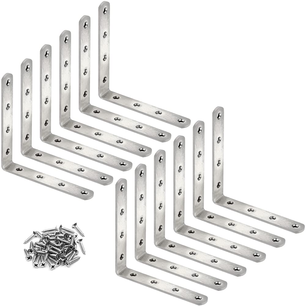 12 soportes en L de acero inoxidable de 5 x 5 pulgadas, soporte de esquina sólido resistente, soporte de esquina, soporte de esquina de junta de metal para estantes de madera, con tornillos