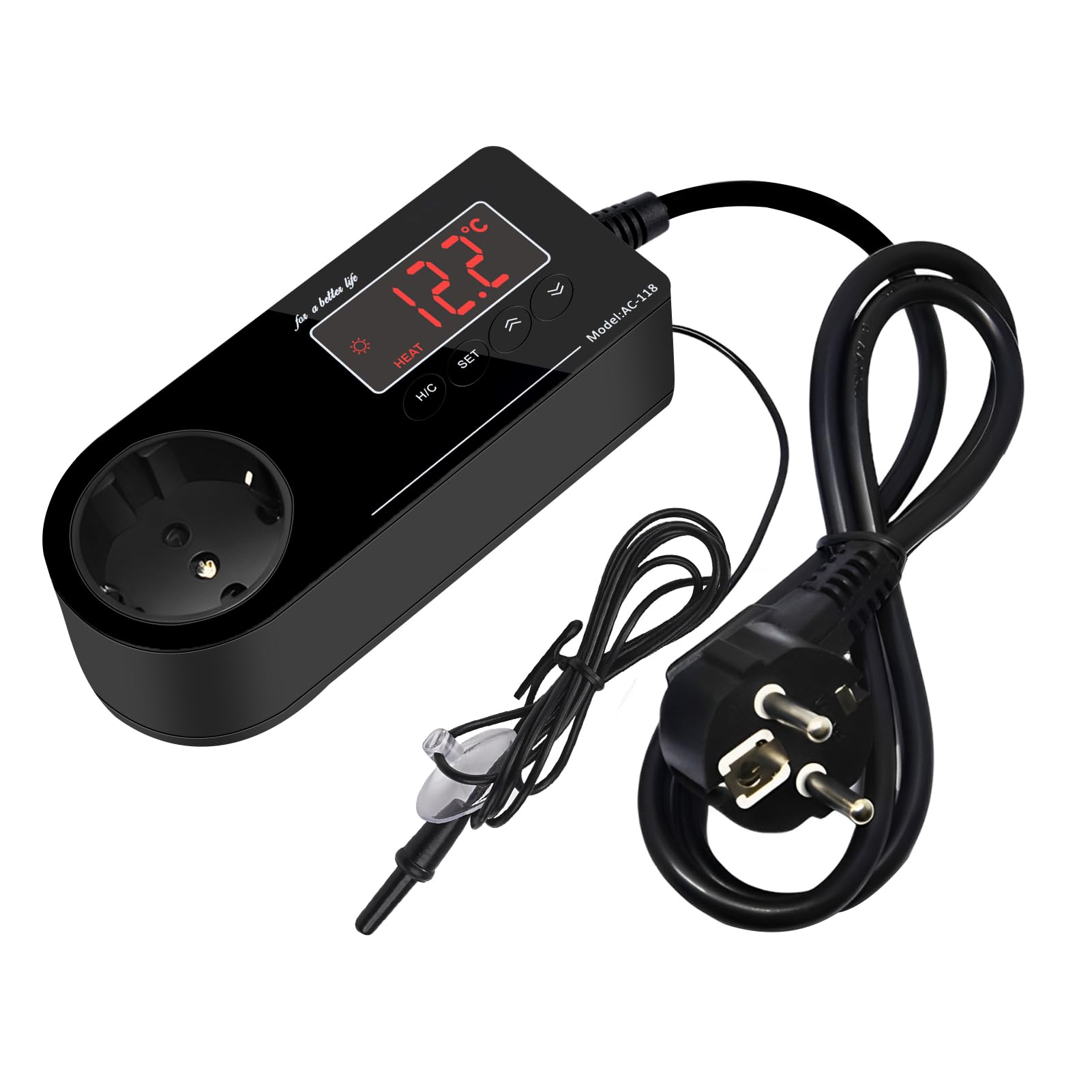 Termostato Enchufe 220V, Termostato Reptiles Terrario de Enchufe con Sensor y Pantalla LCD, Controlador de Temperatura de Enfriamiento de Calefacción para Incubadora Invernadero Reptil Acuario