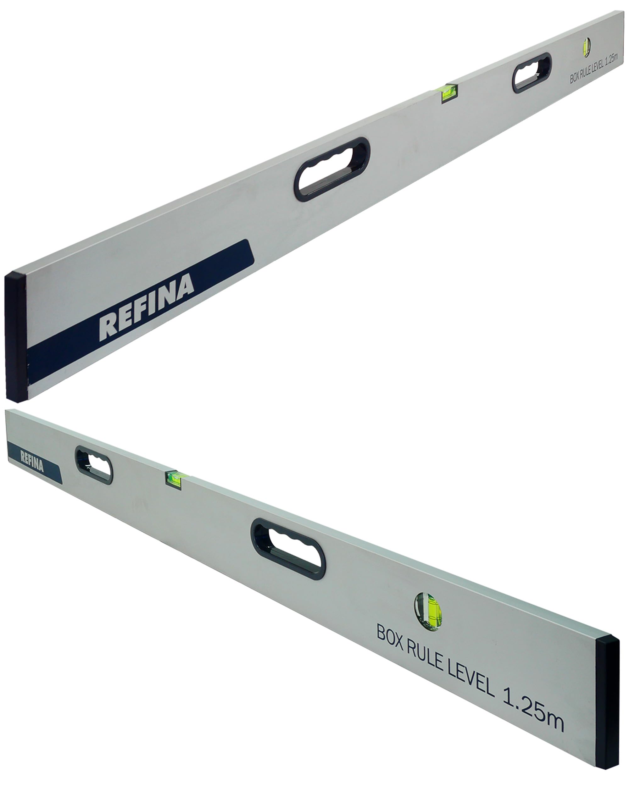 REFINA 4’0” (1.25m) Box Rule Level with 2 Handle Grips, Horizontal & Vertical Spirit Level Vials - 100 x 18mm Slim Box Section Profile for Walls & Floors - Lightweight & Durable Aluminium Construction