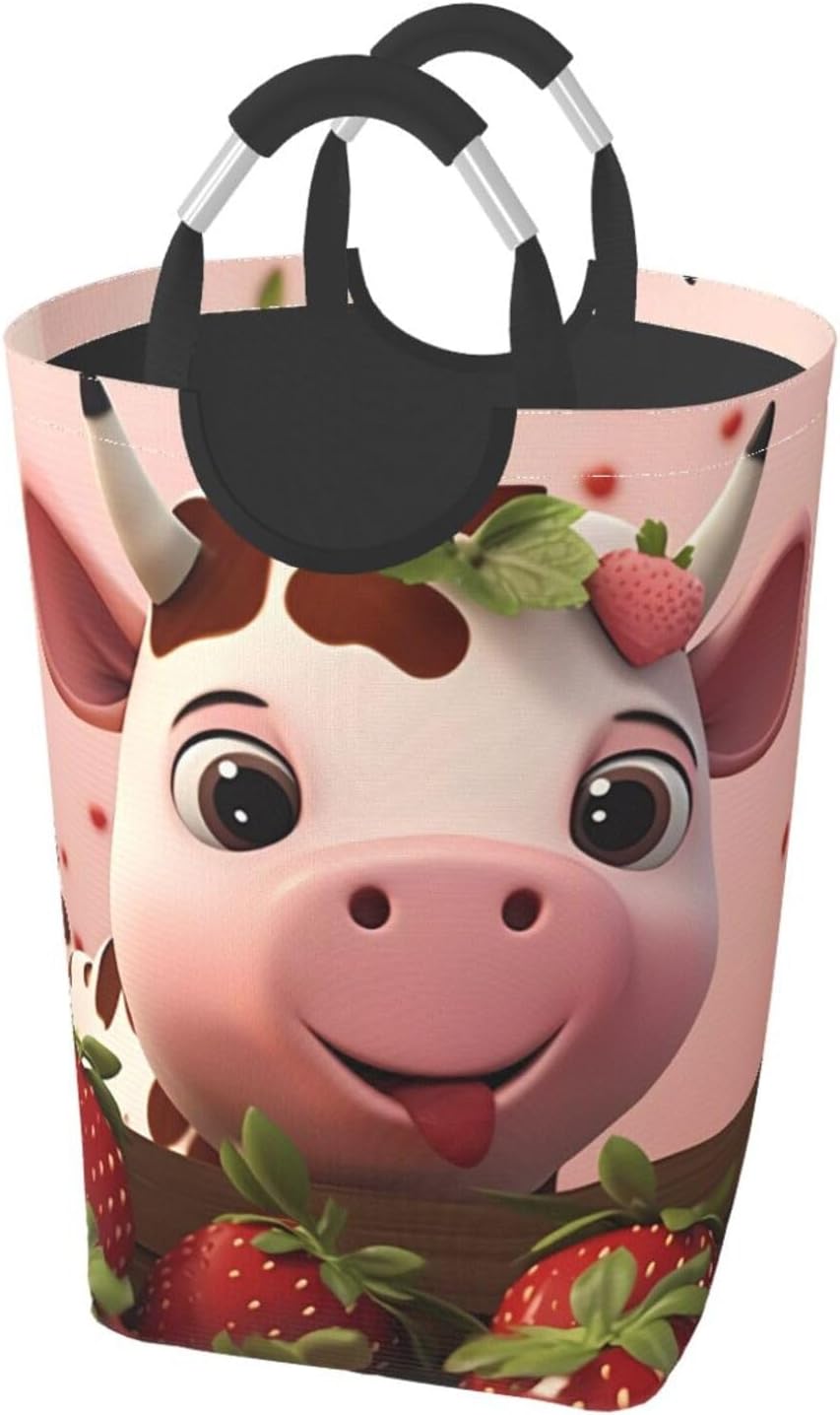 Cows and Strawberries Foldable storage bag, 50L capacity, suitable for laundry room, dormitory bedroom, dirty clothes storage basket.