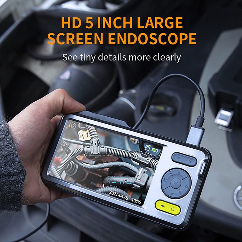 5MM Dual Lens Endoscope Camera, 1080P 140° Wide Angle, Flashlight, IP67 Waterproof, 5.0 Inch Screen, 3500mAh, Sturdy Case, for Automotive Plumbing