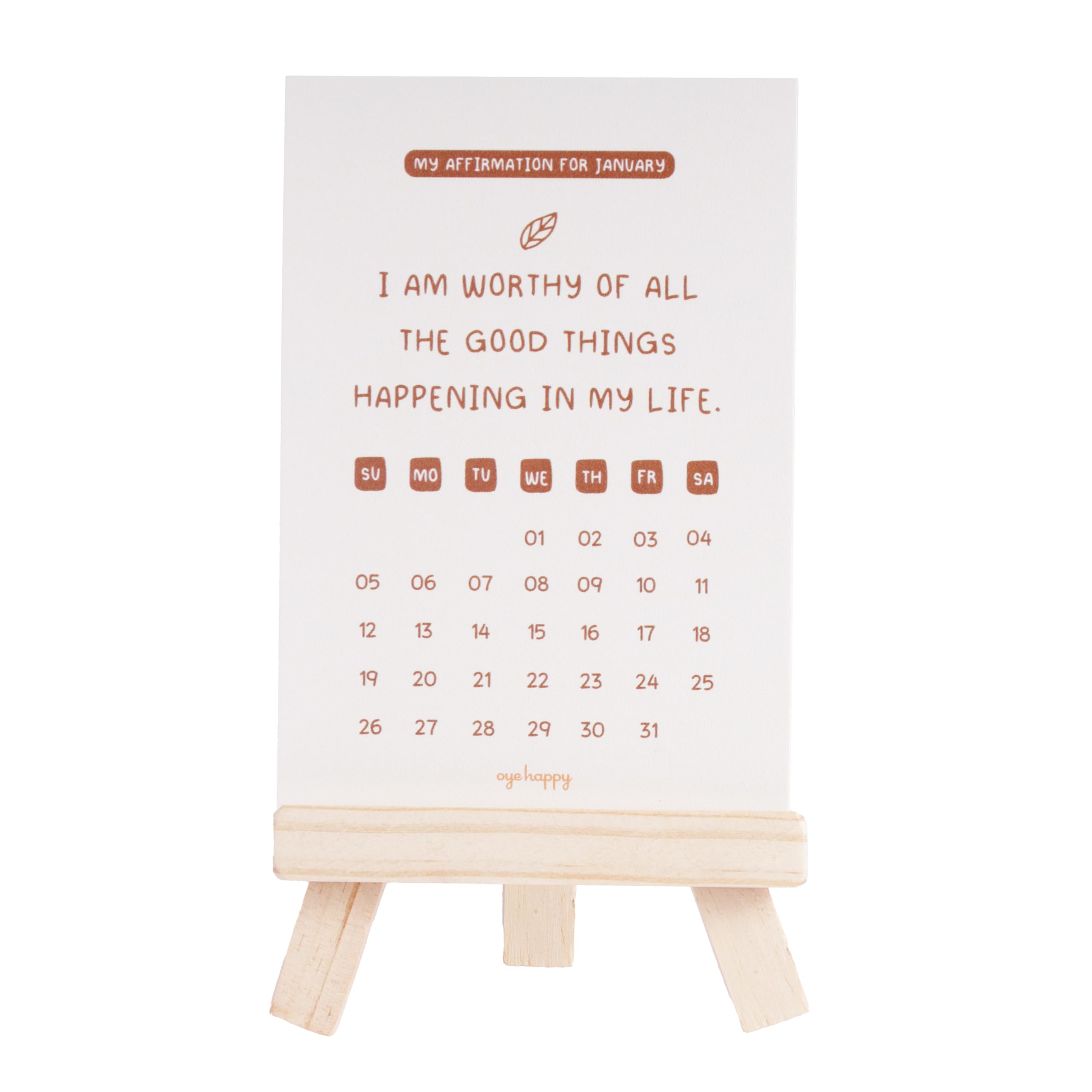 Oye Happy - 2025 Affirmation Calendar | Motivational & Uplifting Self-Love Quotes | Pine Wood Easel for Desk or Home